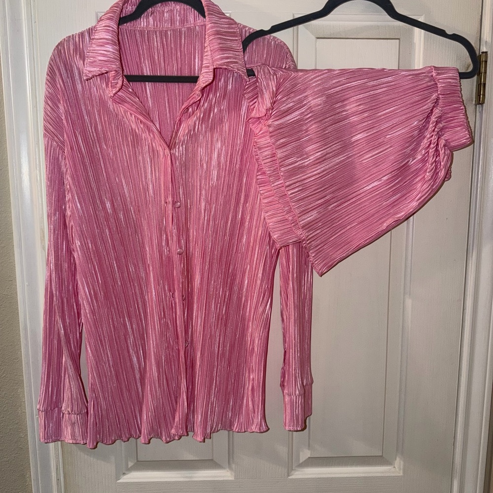 Pink Pleated Blouse and Shorts Set